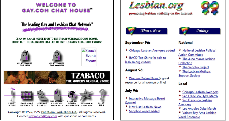 Gay.com as it appeared in February 1997, lesbian.org in November 1996