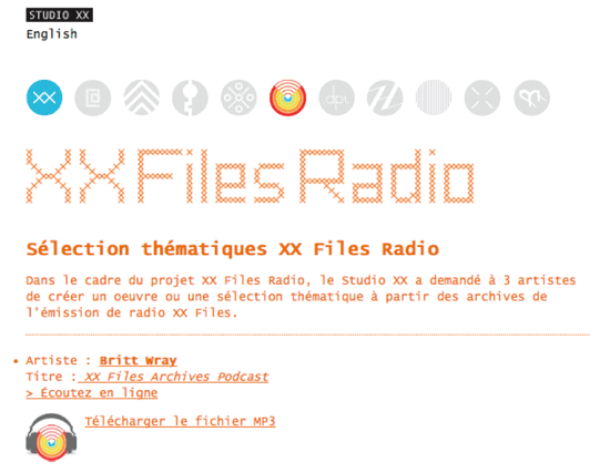 Capture d’écran du Projet de sélections thématiques radio XX Files, 2010.